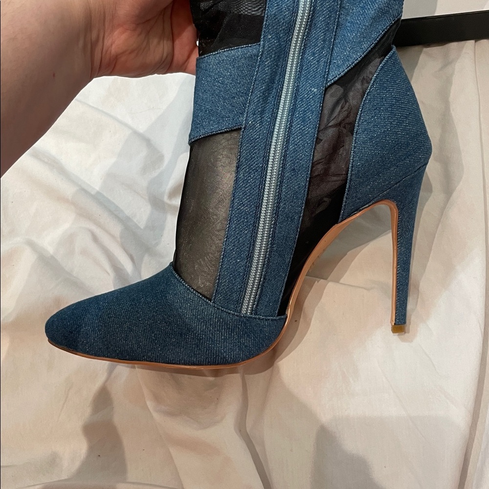 •CAPE ROBBIN• “Mandali” Mesh Denim Thigh High Boots - Blue & Black // NIB - Picture 7 of 14